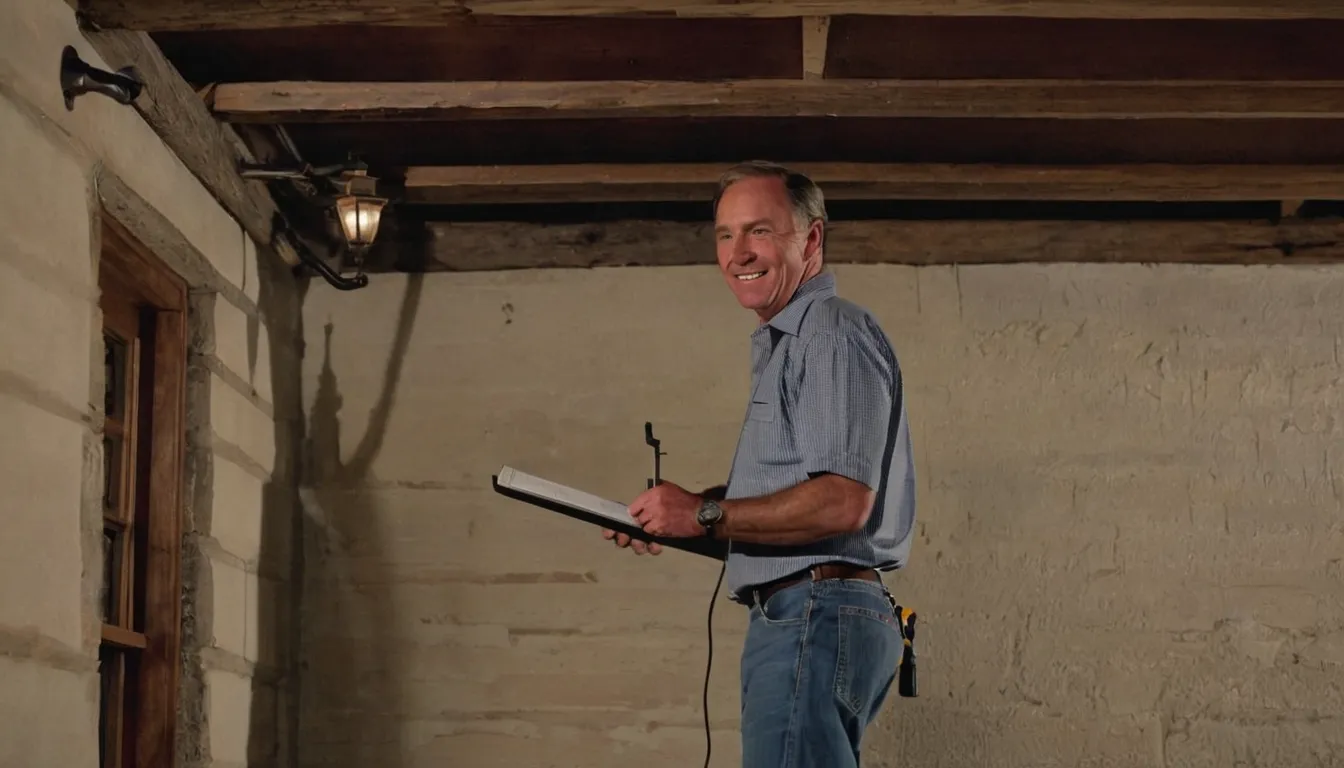 Friendly local provider inspecting a wooden beam in an older Eagle Harbor home basement with a flashlight while a homeowner looks on
